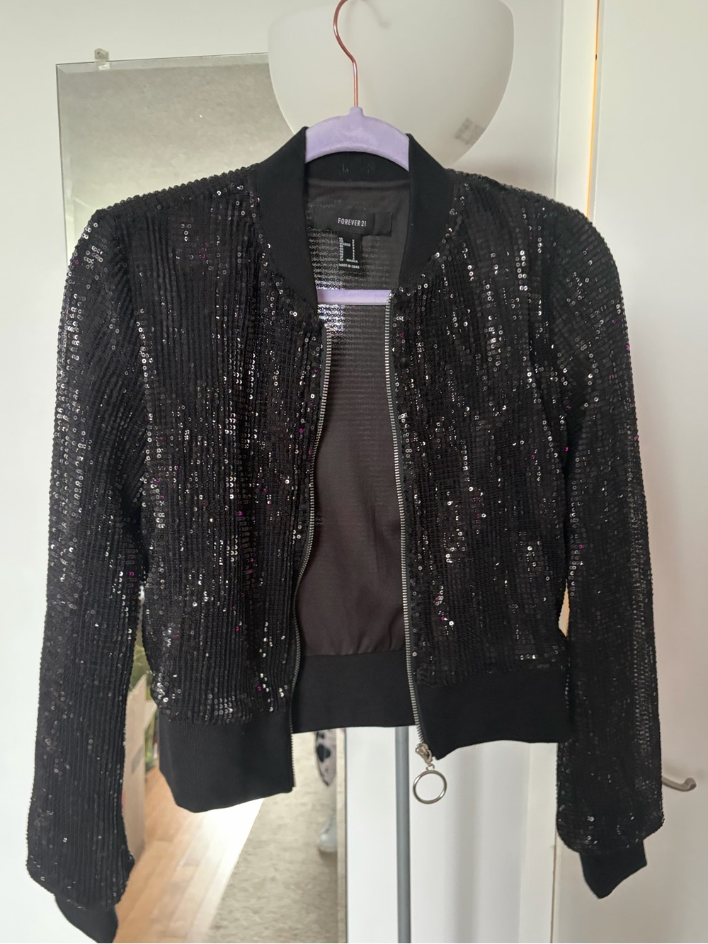 Forever 21 Black Sequin Ribbed Bomber Jacket